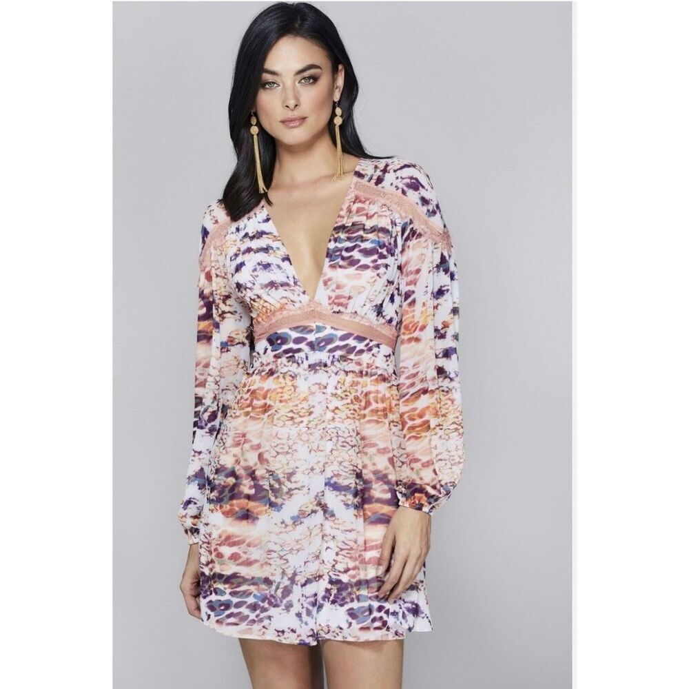 Guess by Marciano Leopard Orange/Purple Techno Lace Trim Dress XS